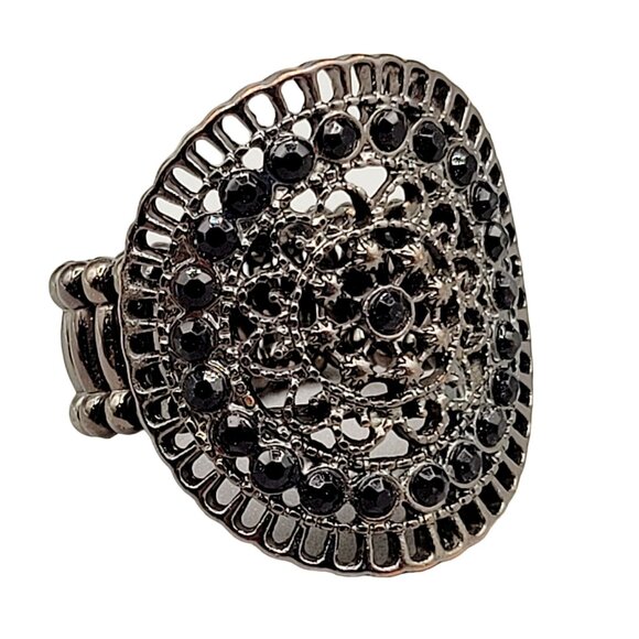 Boho Style Stretch Band Ring Open Work Black Glass Rhinestones Size 8-15 Ladies - Picture 1 of 6